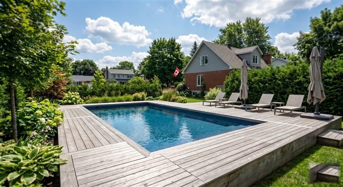 Piscine creusée classique avec deck en bois et vue sur jardin résidentiel québécois