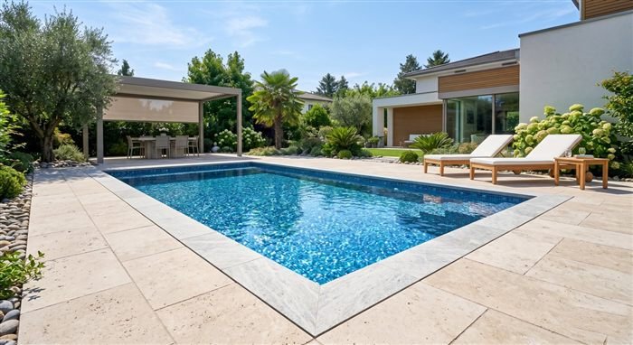 Piscine creusée avec terrasse en pierre travertin, pergola et aménagement méditerranéen