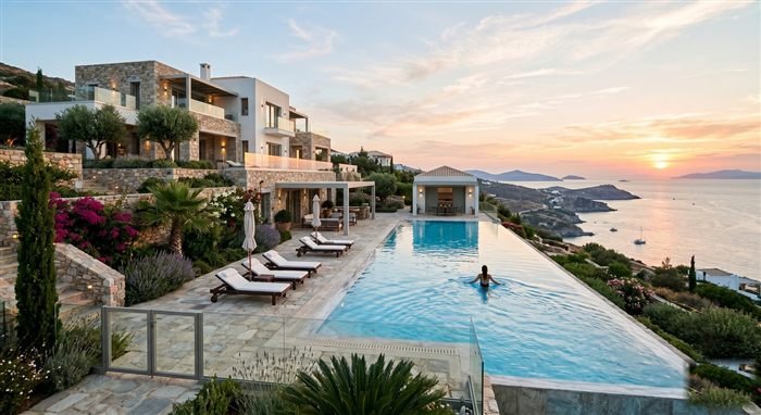 Villa avec piscine à débordement face à la mer au coucher de soleil