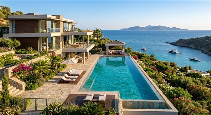 Piscine à débordement longue face à la baie avec yachts et ciel bleu