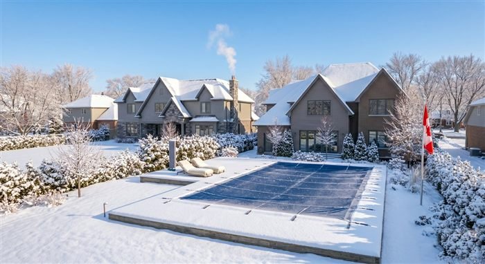 Piscine hivernée enneigée devant une résidence québécoise avec drapeau du Canada