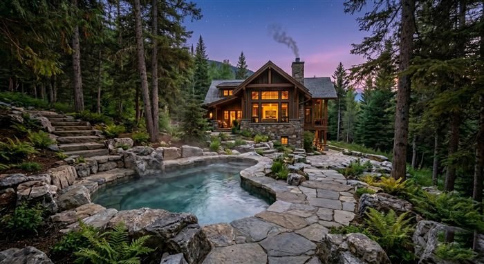 Spa intégré en pierre au pied d'un chalet en montagne au crépuscule