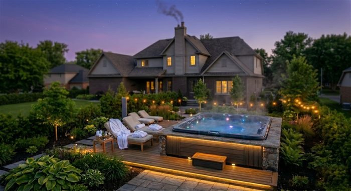 Spa moderne illuminé en soirée avec deck éclairé et chaises longues